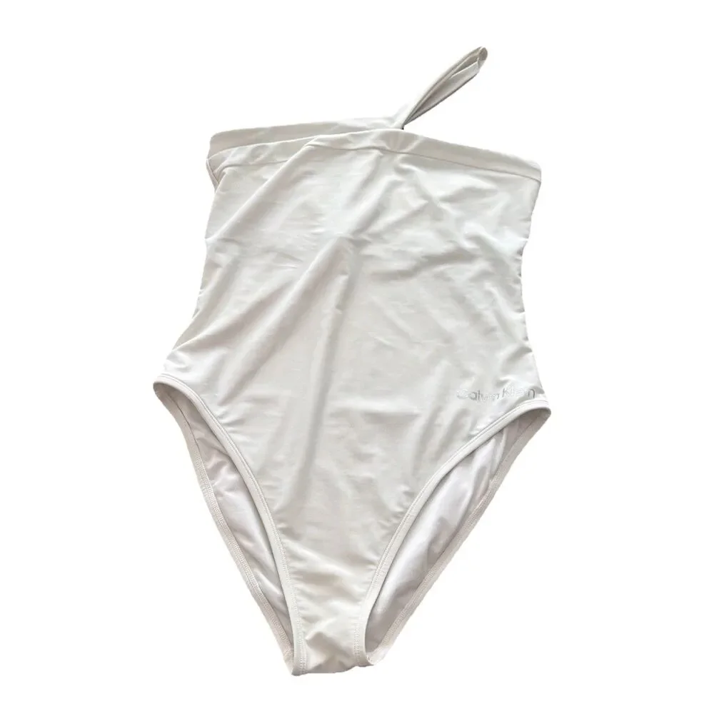 Calvin Klein SOFT WHITE one shoulder Asymmetric one piece Swimsuit women size 12